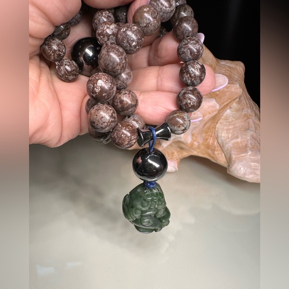 BROWN SNOWFLAKES OBSIDIAN + HEMATITE + PIXIU NATURAL NECKLACE - Picture 9 of 16